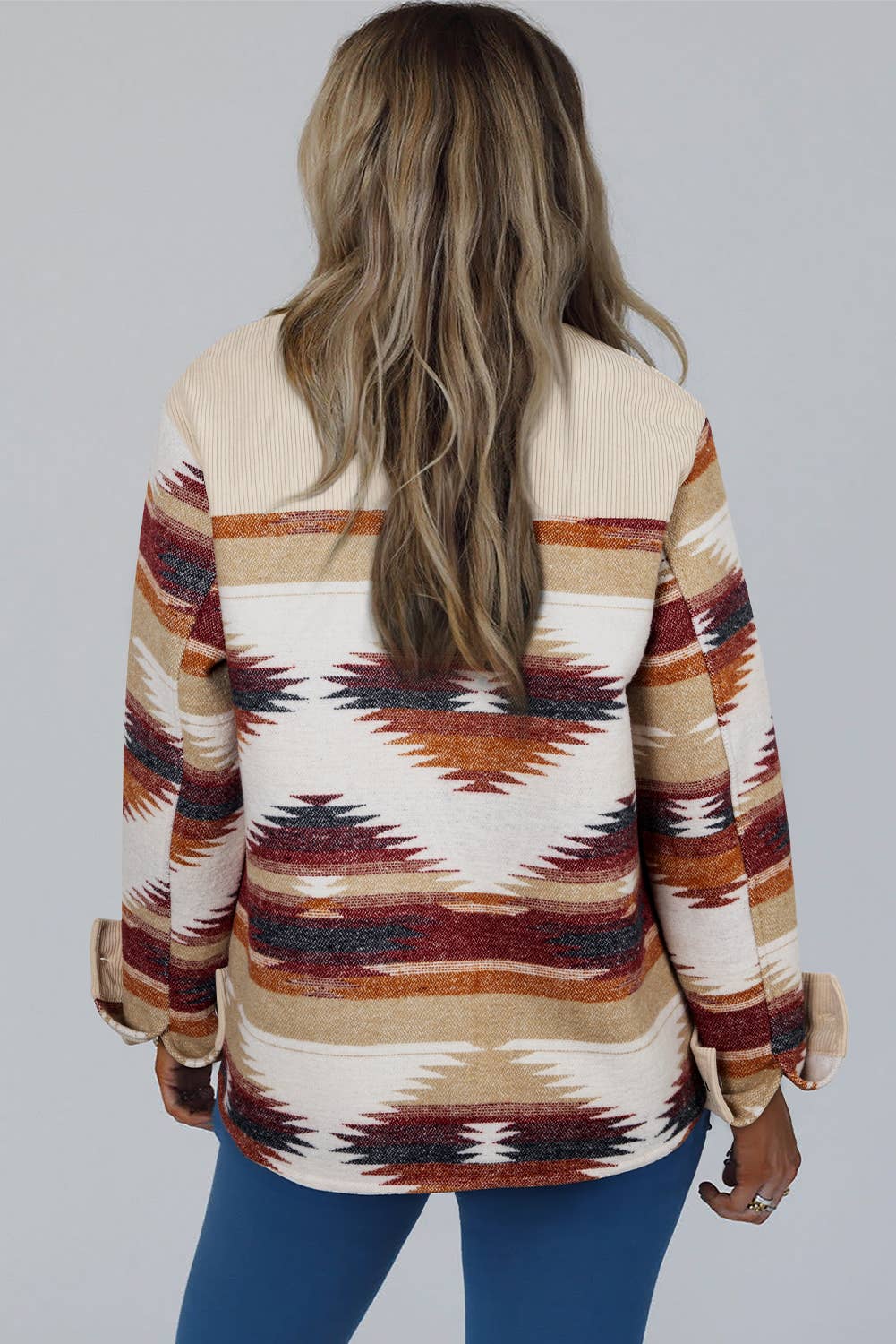 Western Aztec Striped Patchwork Raw Hem Shacket