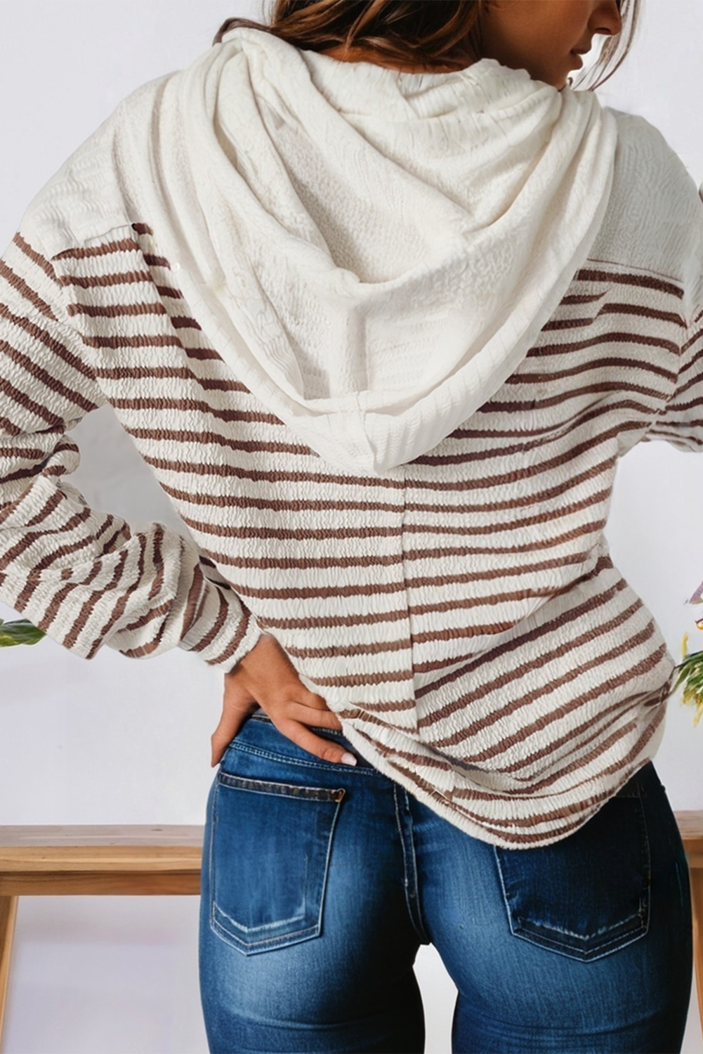 Stripe Textured Hooded Long Sleeve Top