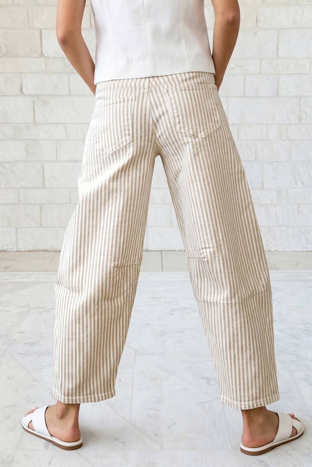 Vertical Striped High Waist Cropped Barrel Leg Denim Pants