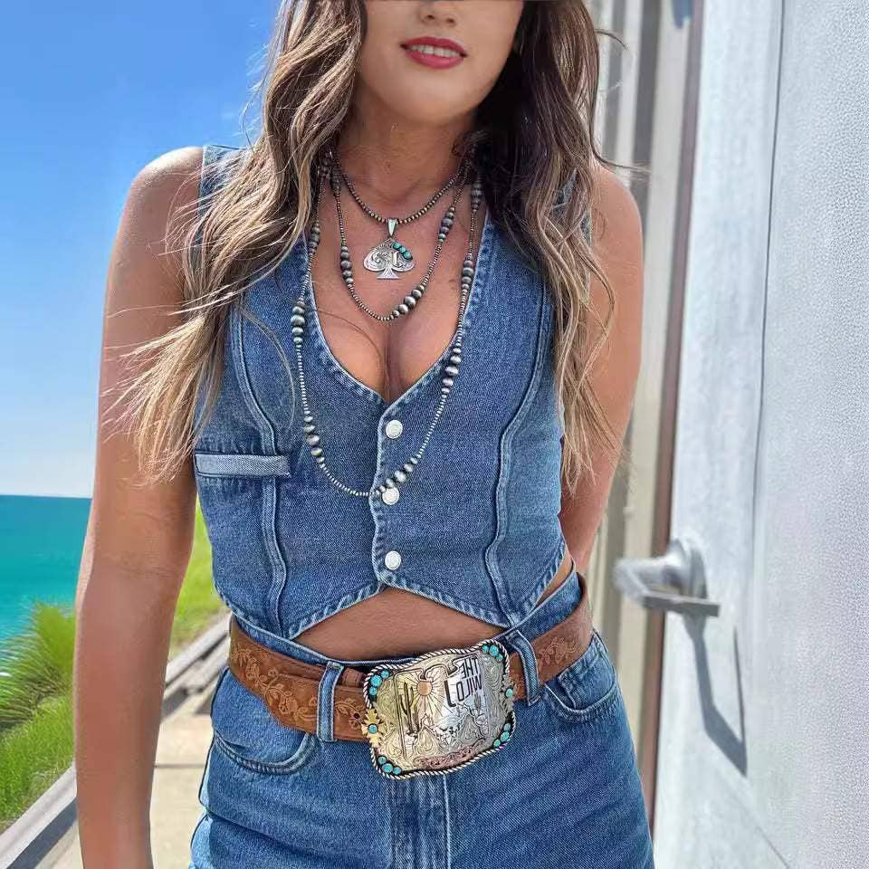 V neck denim vest
