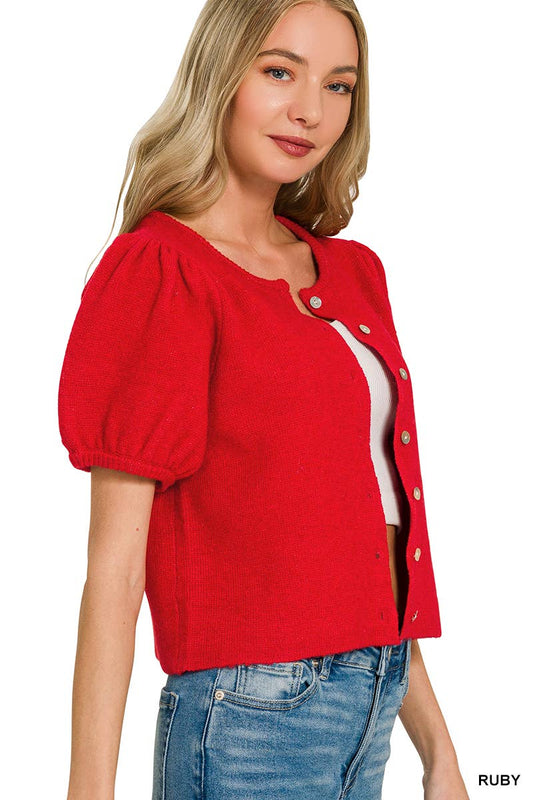 Puff Sleeve Cardigan Sweater - Red