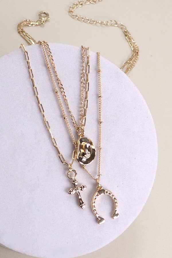 TRIO LAYER HORSESHOE HAT CROSS CAHRM NECKLACE