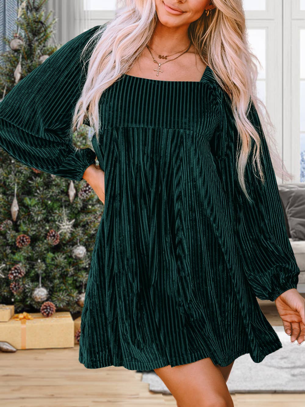 Tie Back Square Neck Velvet Babydoll Dress