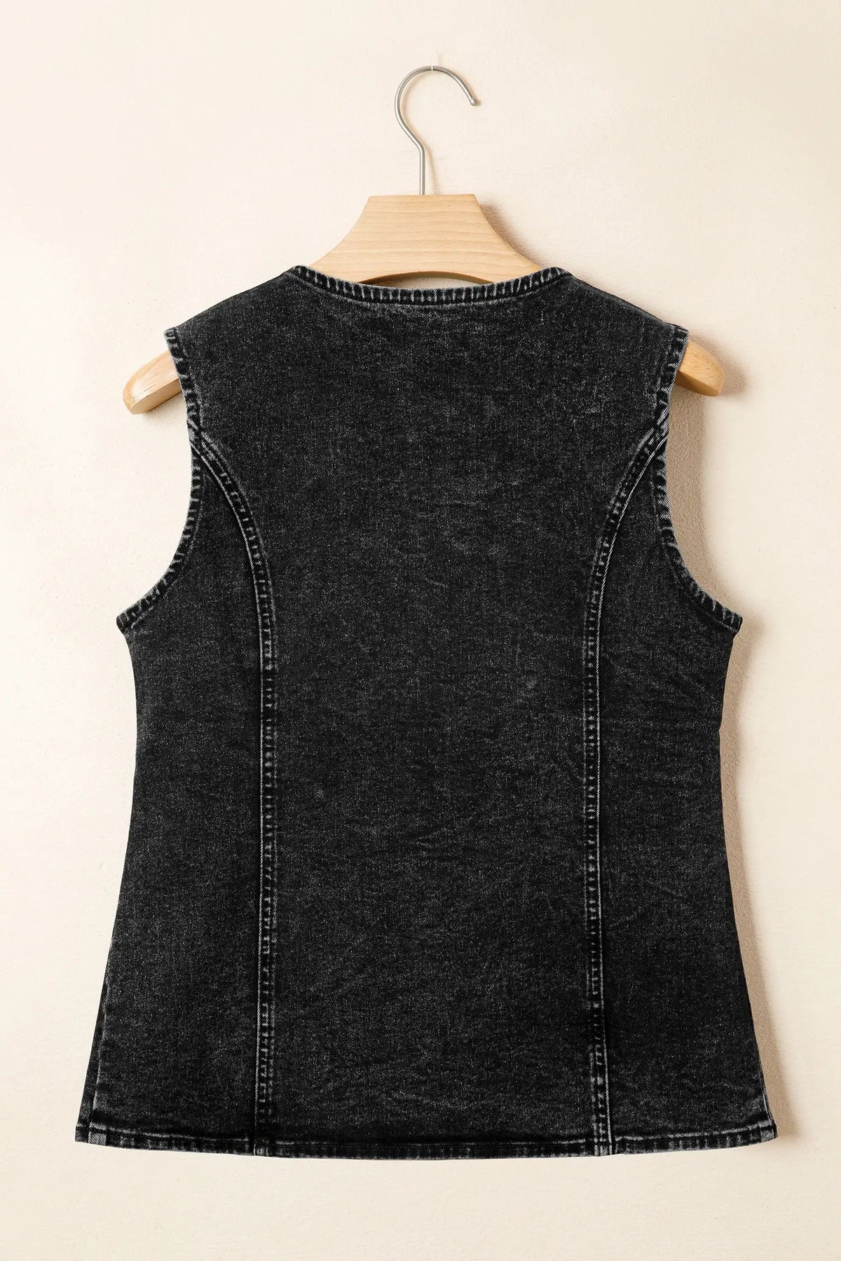 Buttoned Front Slit Denim Vest - Black