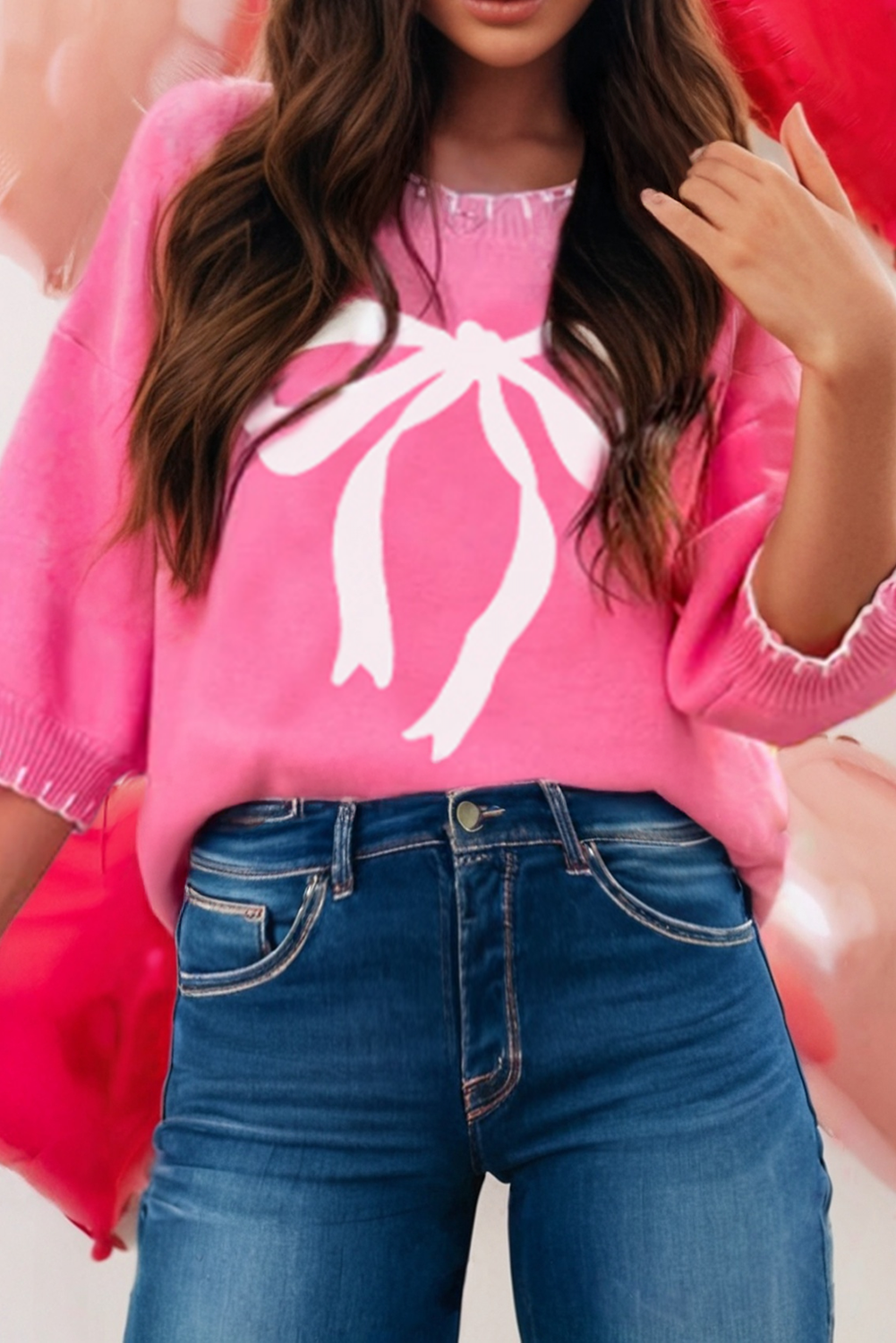 Bow Print Contrast Stitch Trim Drop Shoulder Sweater