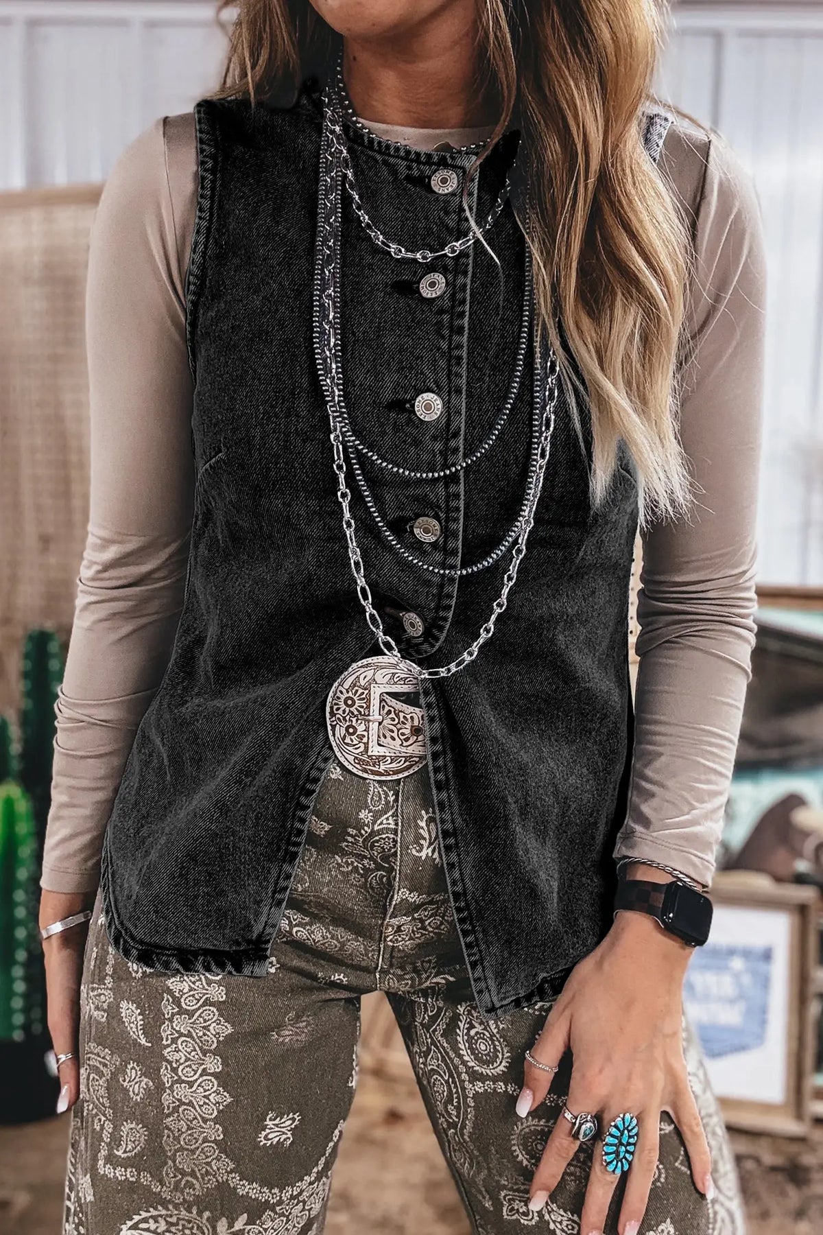 Buttoned Front Slit Denim Vest - Black