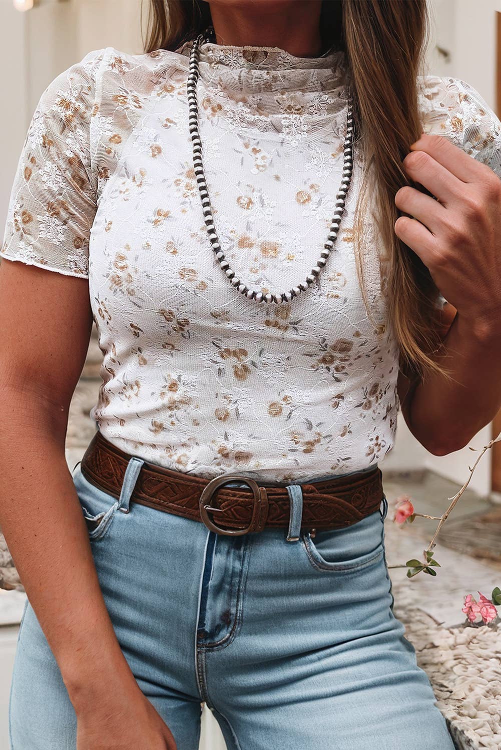 Western Floral Lace Short Sleeve Top