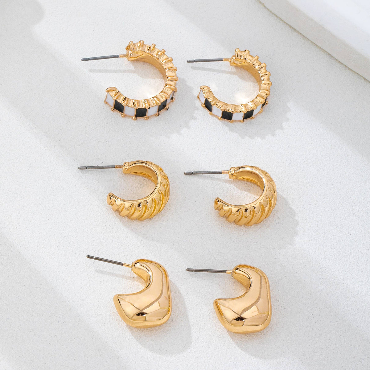 Checker Textured Huggie Hoop Trio Earrings