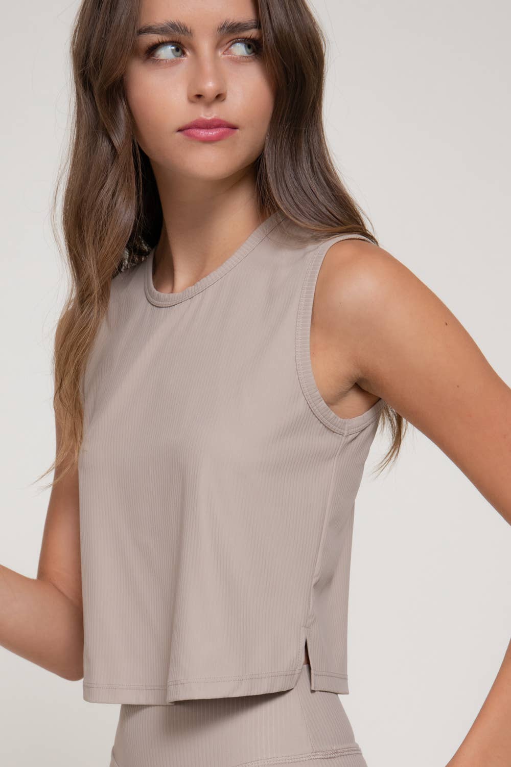 Sleeveless Round Neck Ribbed Workout Top with Side Slit