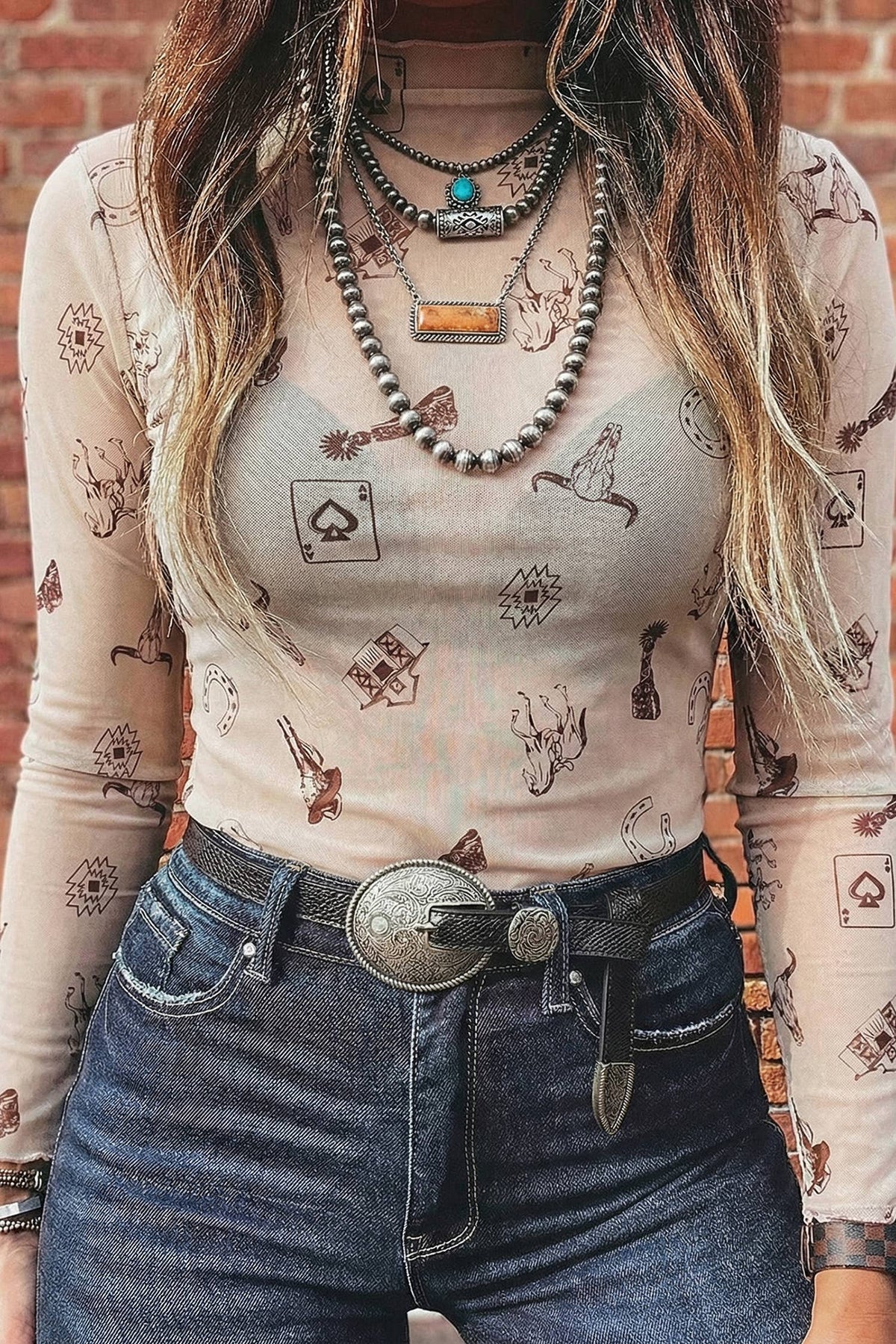 Western Slim Fit  Mesh Long Sleeve Top