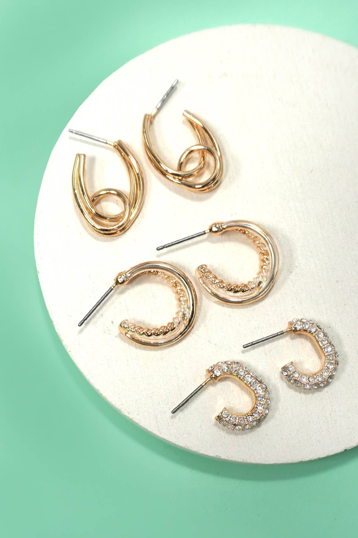 TRIO HUGGIE HOOP RHINESTONE POST EARRINGS