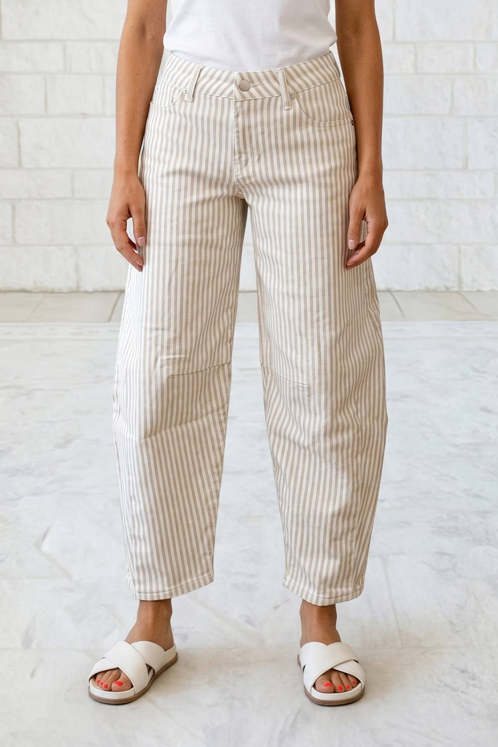 Vertical Striped High Waist Cropped Barrel Leg Denim Pants