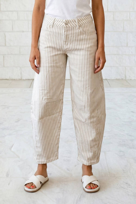 Vertical Striped High Waist Cropped Barrel Leg Denim Pants
