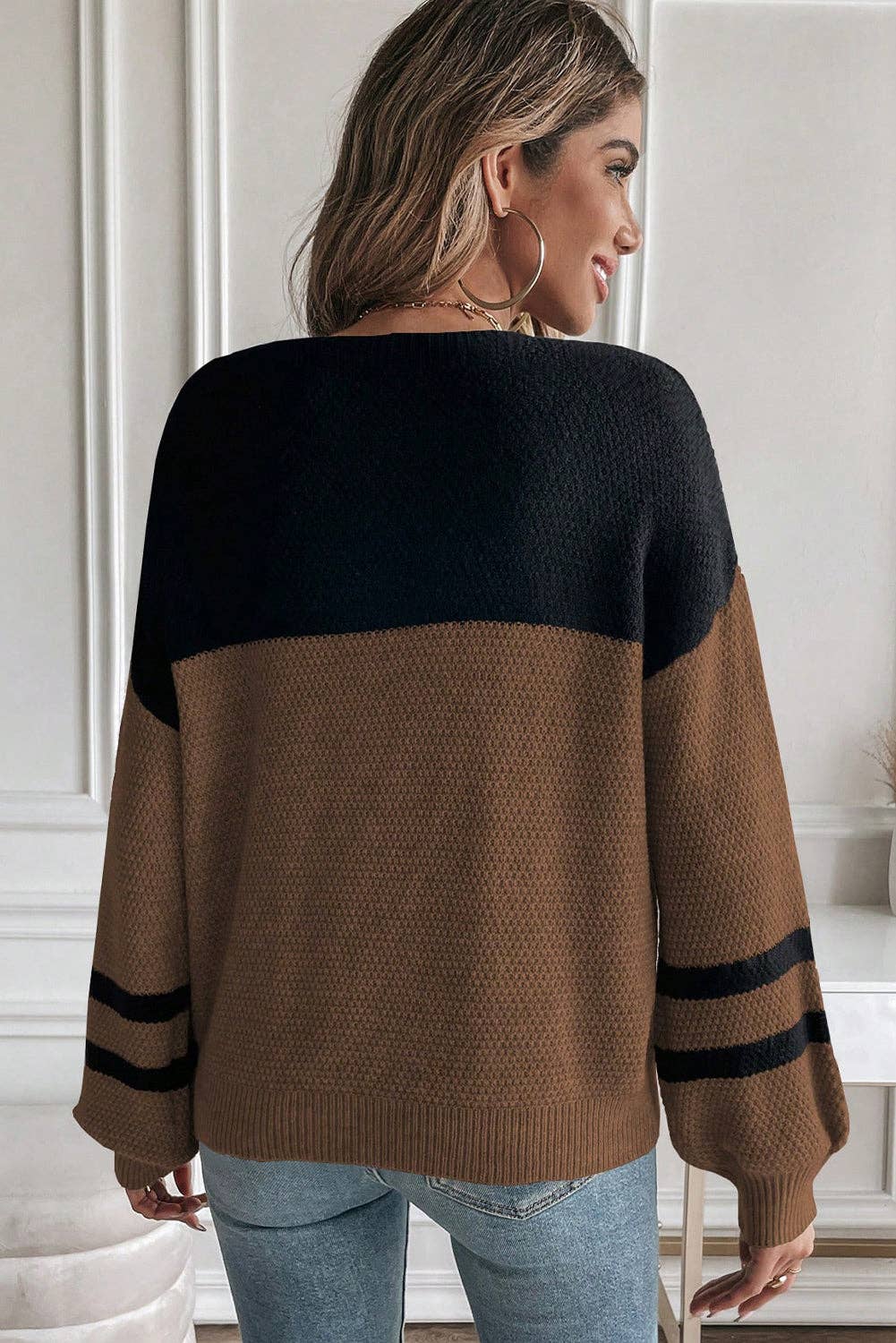 Block Knit Striped Sleeve Sweater