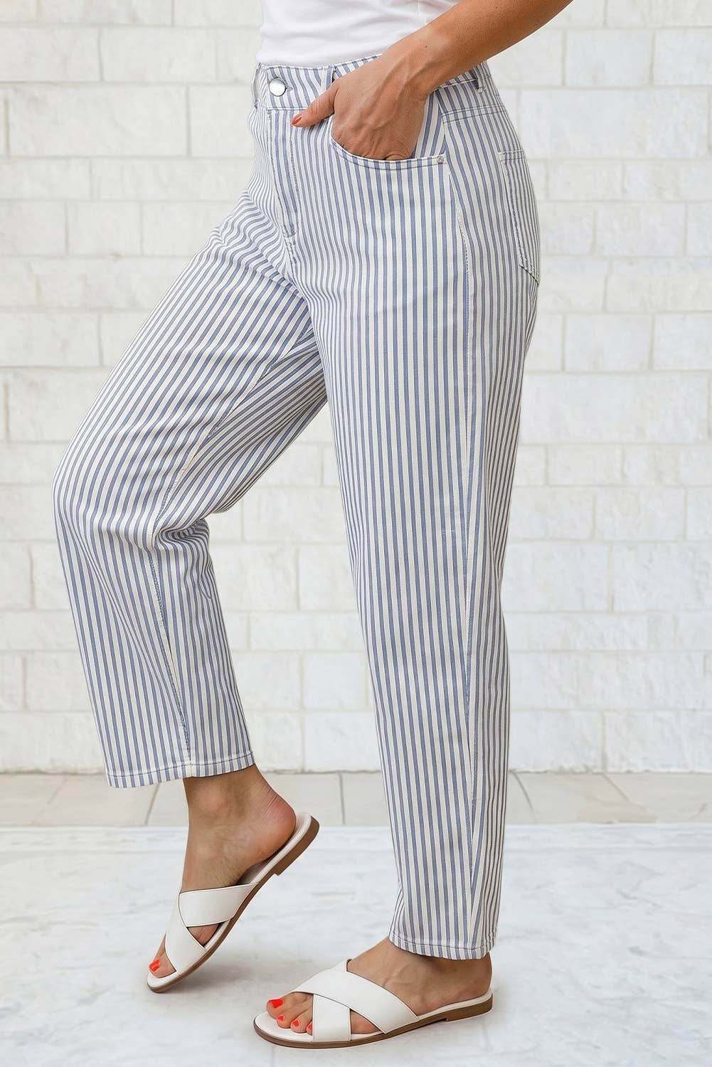 Vertical Striped High Waist Cropped Barrel Leg Denim Pants