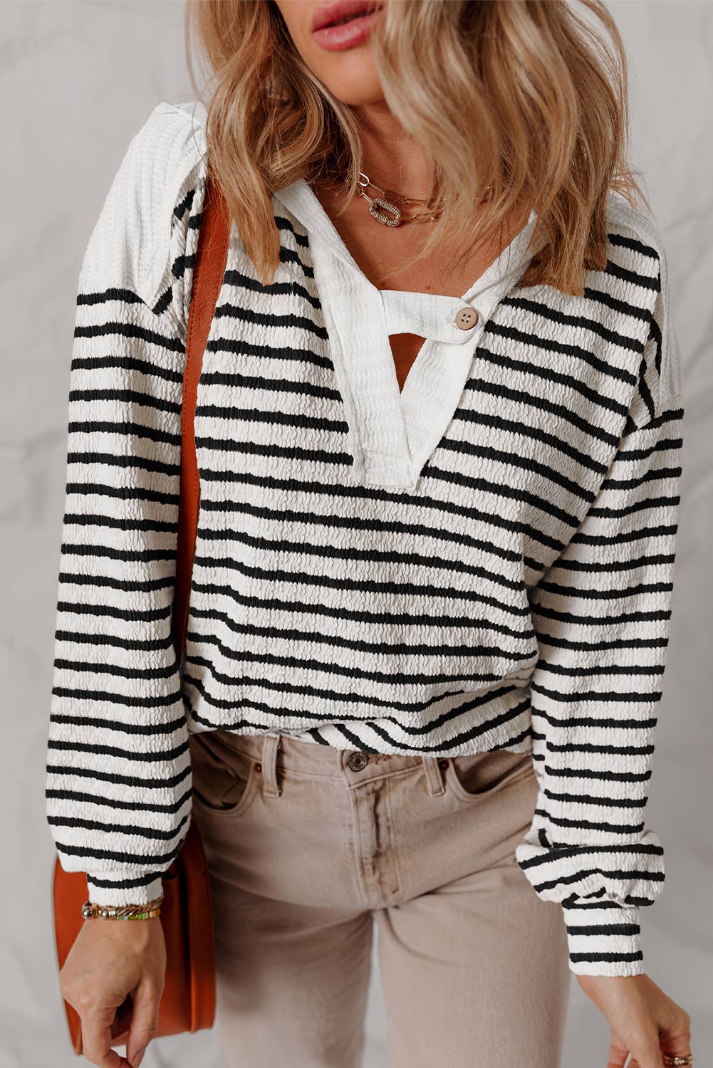 Stripe Textured Hooded Long Sleeve Top