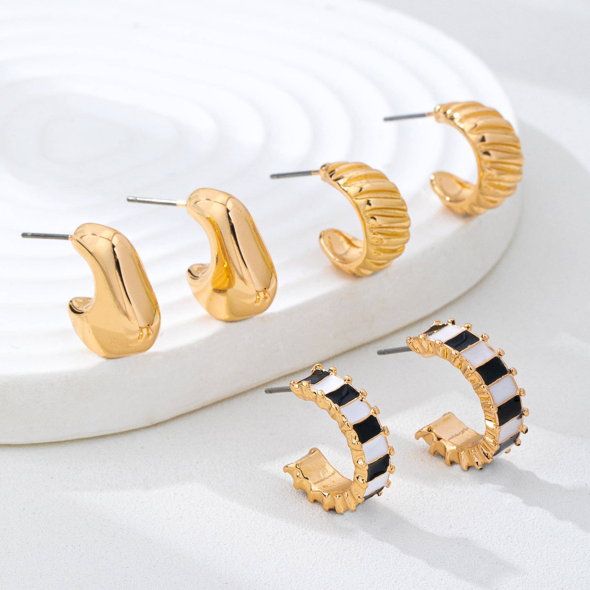 Checker Textured Huggie Hoop Trio Earrings