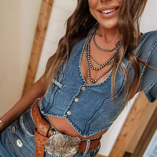 V neck denim vest