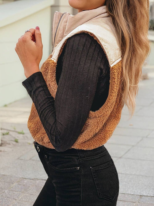 Color Block Plush Patchwork Zipper Stand Neck Vest