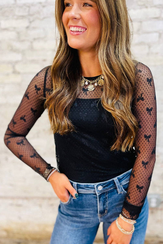 Black Bow Pattern Accent Mesh Long Sleeve Top