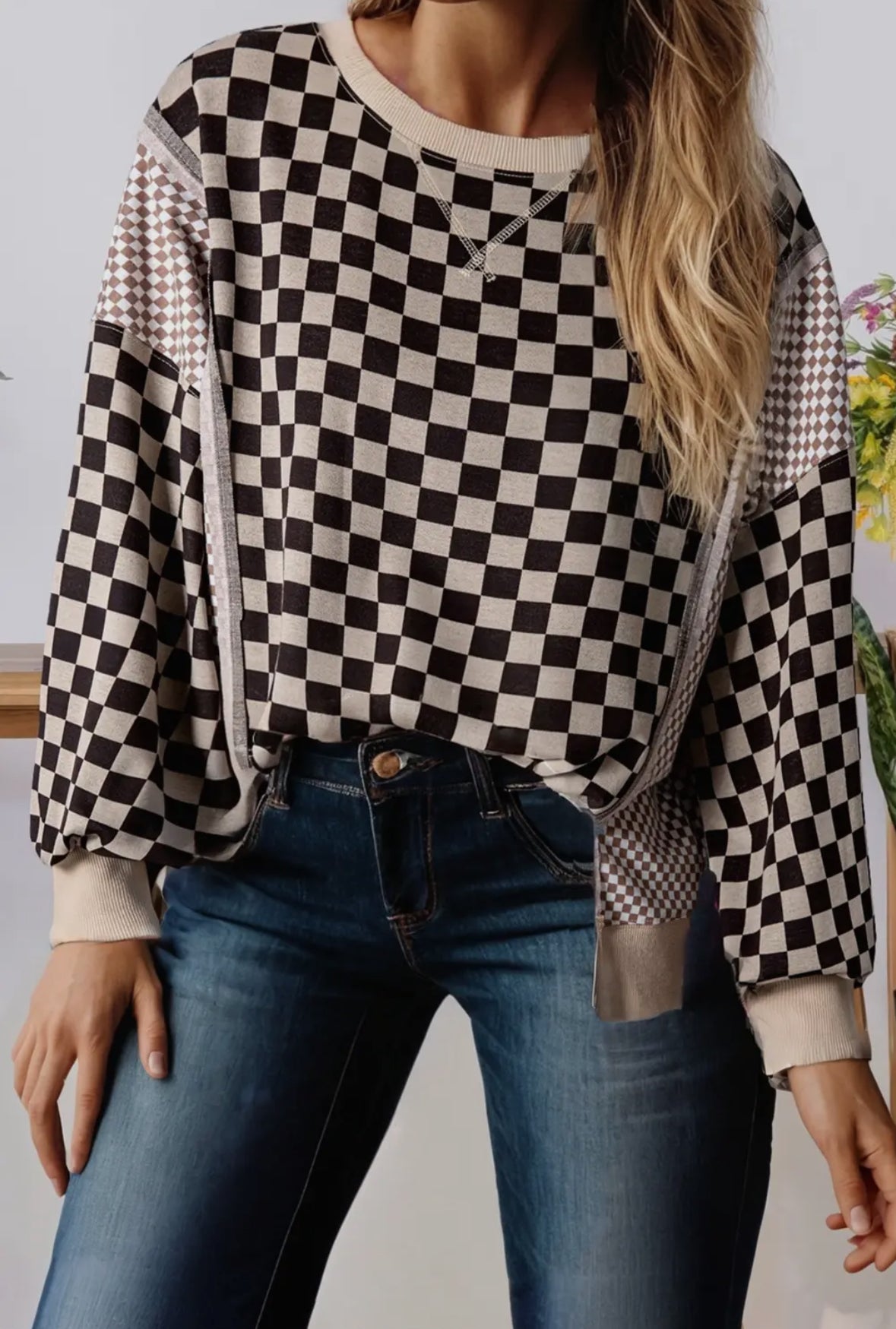 Checkered Pattern Patchwork Sweater