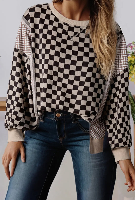 Checkered Pattern Patchwork Sweater