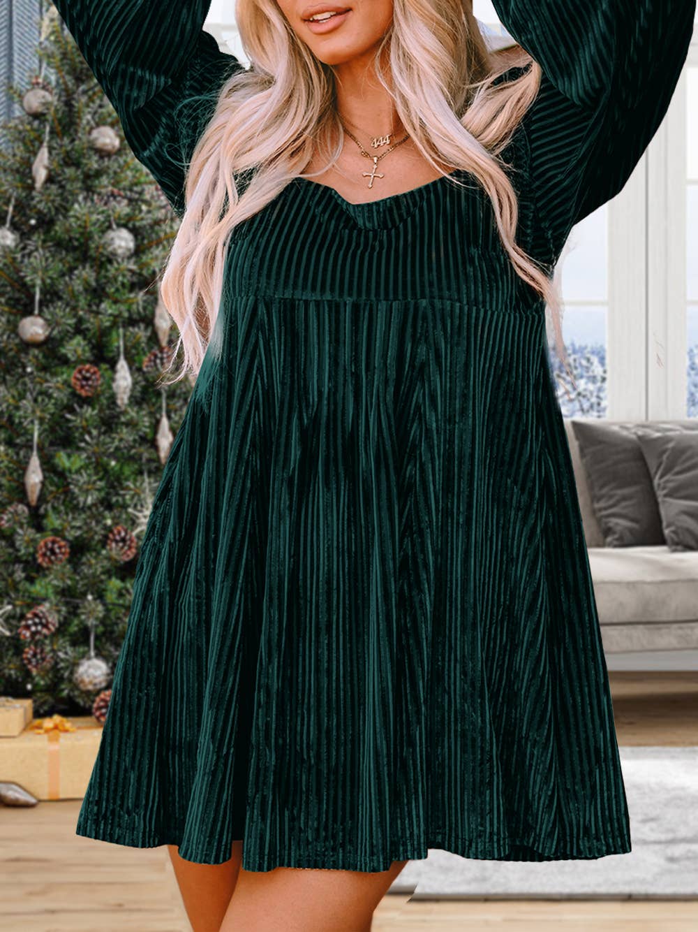 Tie Back Square Neck Velvet Babydoll Dress