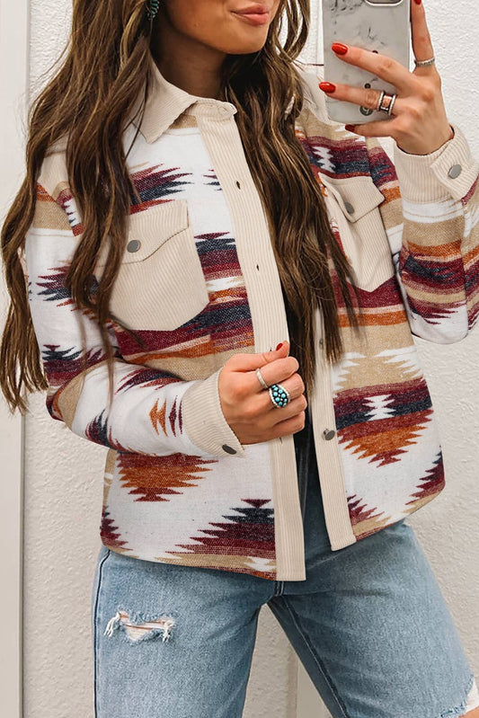 Western Aztec Striped Patchwork Raw Hem Shacket