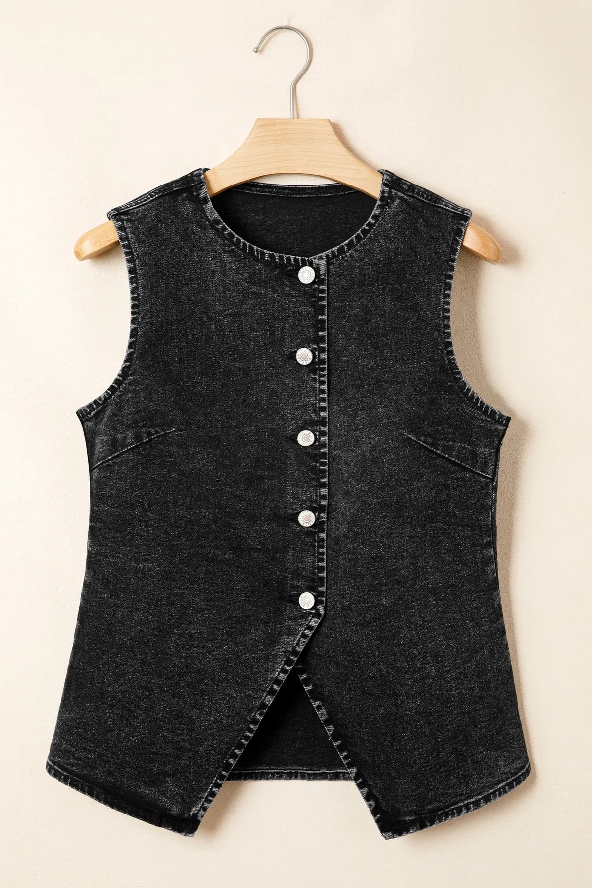 Buttoned Front Slit Denim Vest - Black