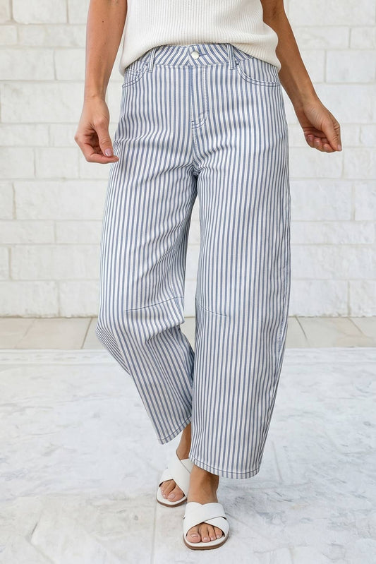 Vertical Striped High Waist Cropped Barrel Leg Denim Pants