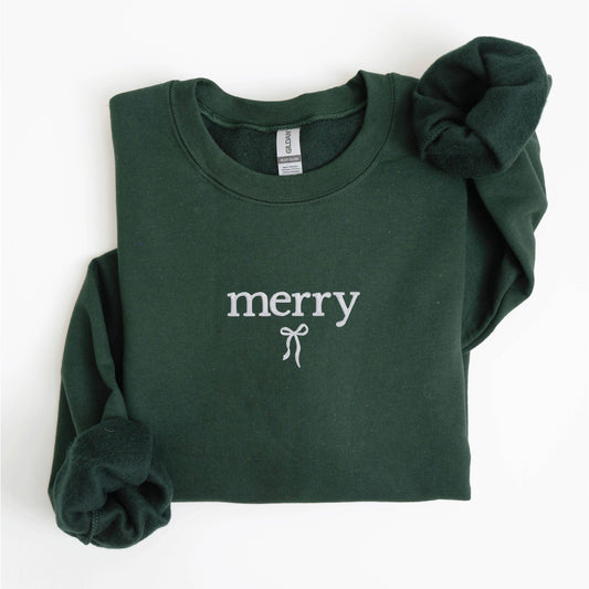 Embroidered Christmas Sweatshirt Holiday Crewneck Merry Bow