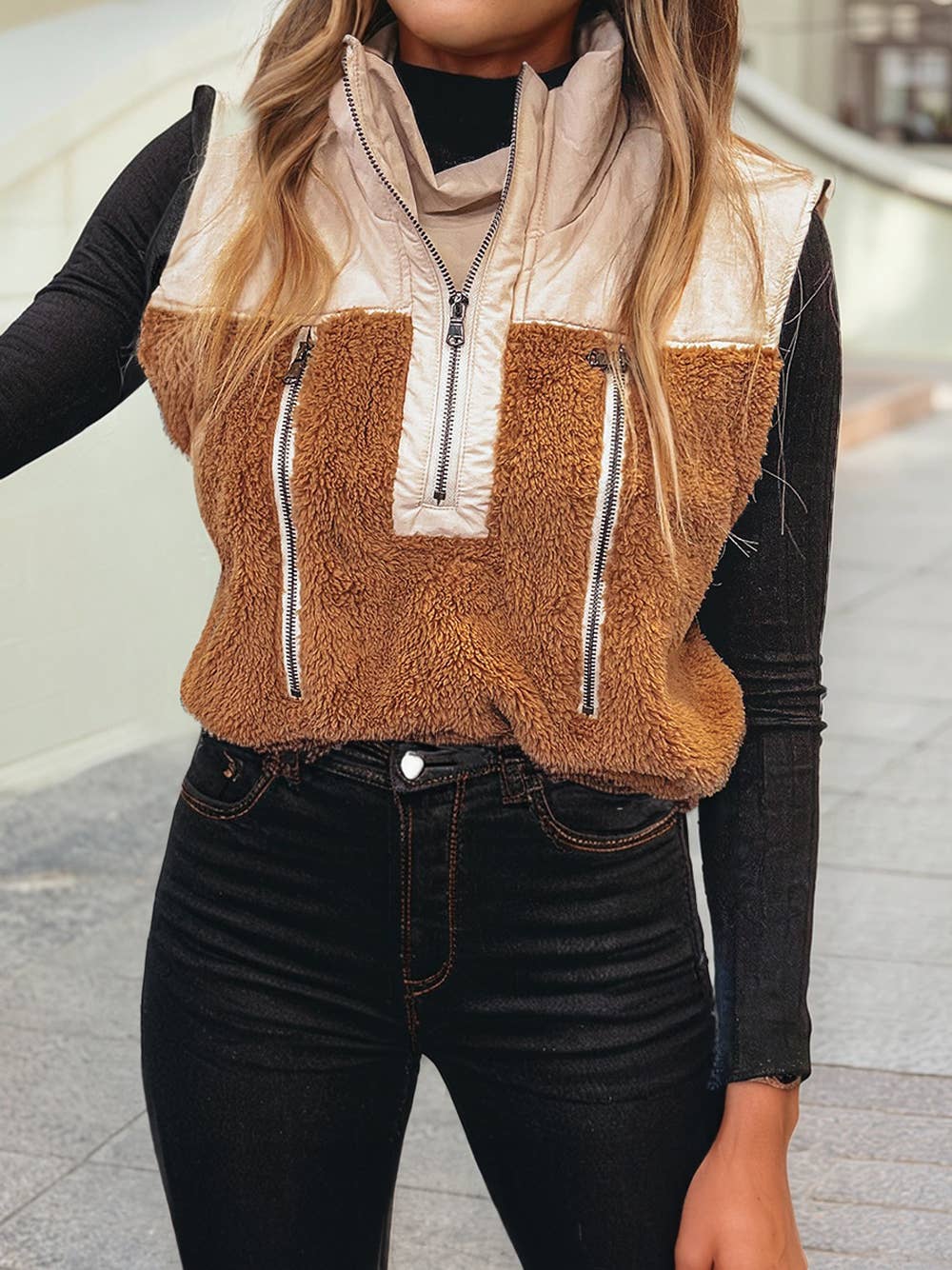 Color Block Plush Patchwork Zipper Stand Neck Vest