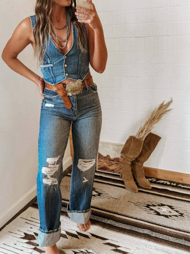 V neck denim vest