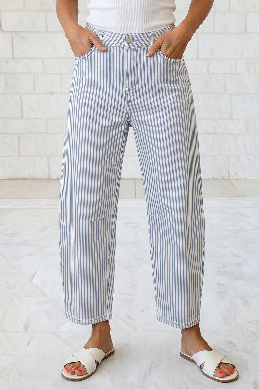 Vertical Striped High Waist Cropped Barrel Leg Denim Pants