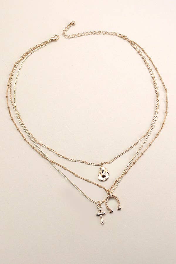 TRIO LAYER HORSESHOE HAT CROSS CAHRM NECKLACE